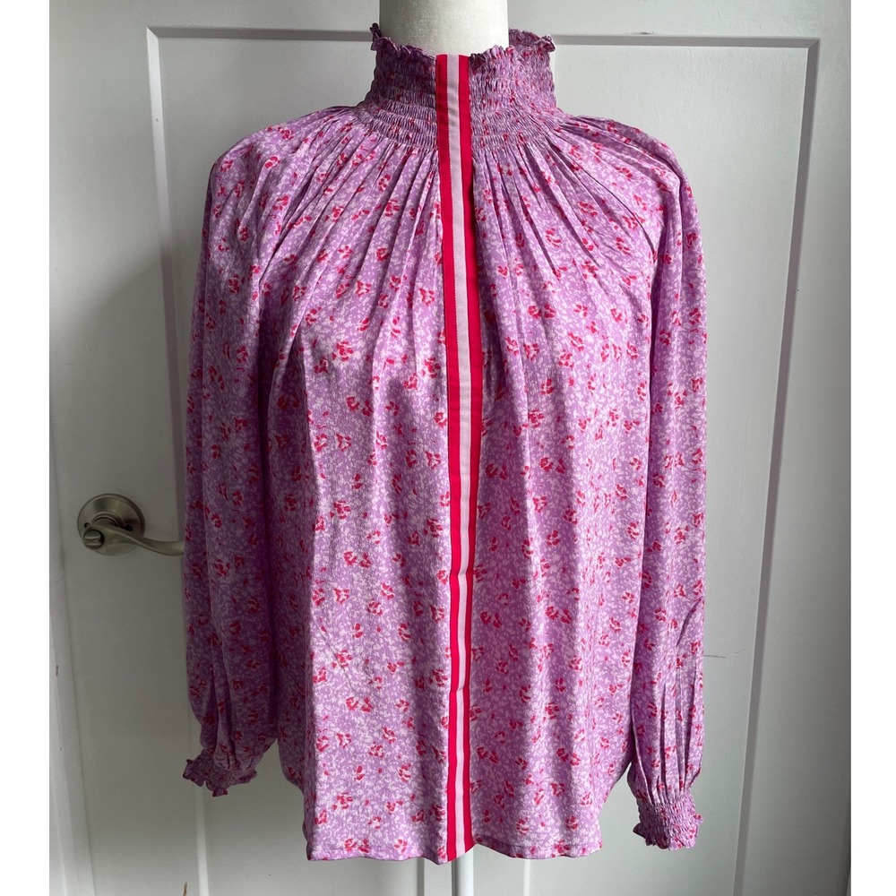 Rungolee Brooklyn Full Sleeve 100% Silk Blouse Smocked Floral Purple Pink XS